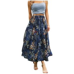 Abaadlw Blue Floral Elastic Waist Maxi Skirt Size L Boho 90s Y2K Cottagecore